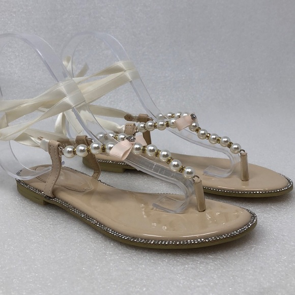 Kailee P Sandals Faux Pearl & Rhinestone Crystal Champagne Ankle Ribbon Size 33 - Picture 1 of 12